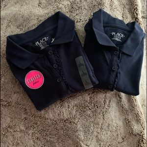 Girls Navy Blue uniform polos,sz L 10/12 ruffles on button side, soft cotton NEW